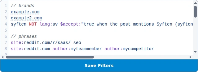 Syften filter examples with domain, site, author, and company queries