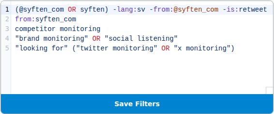 Syften X/Twitter keyword setup for tracking Syften brand mentions while excluding Swedish-language matches, retweets, and posts from Syften's own account.