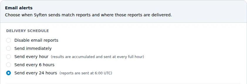 Syften email delivery settings with immediate, hourly, six-hourly, and daily schedules